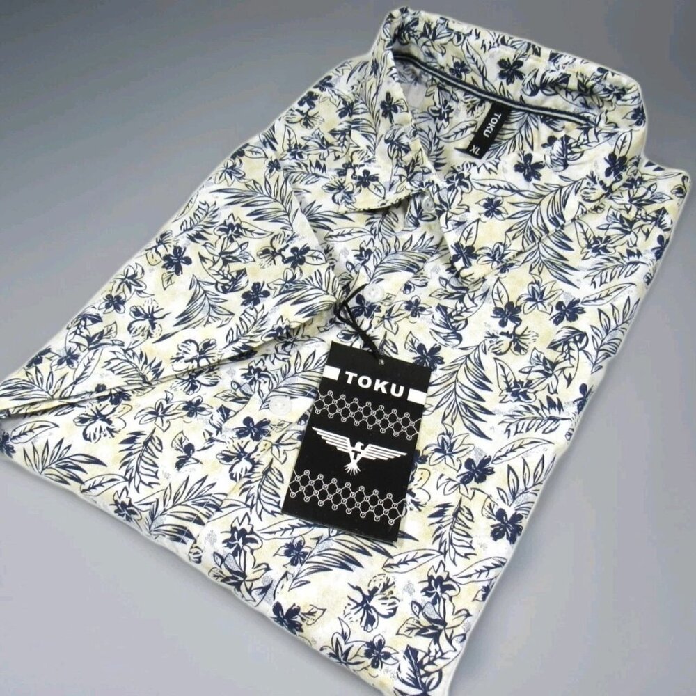 TOKU Men's S/S Shirt Floral Leaf Pattern White Size XL